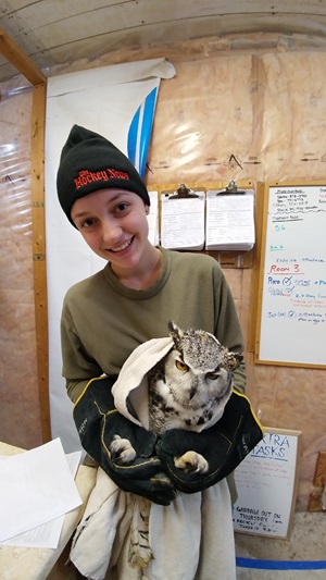 wildlife rescue volunteer with an owl