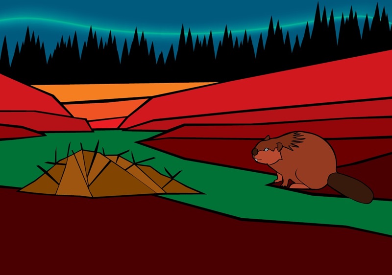 Painting of a beaver and a beaverlodge