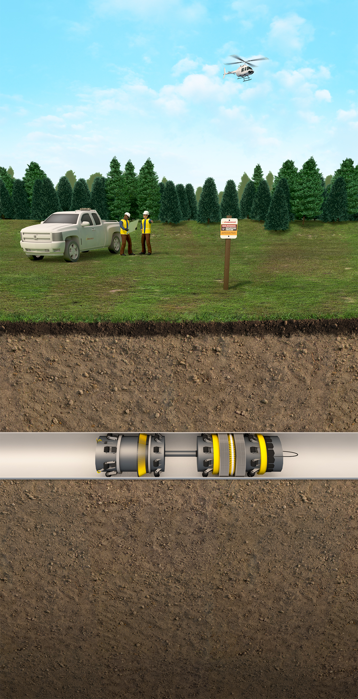 truck workers and underground pipeline