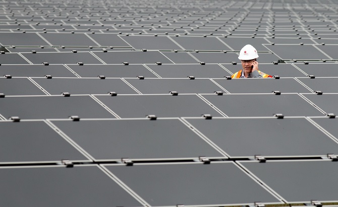 Worker in field of solar panels