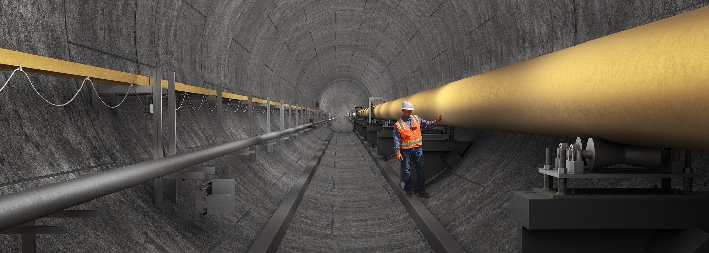 Artist rendition of tunnel with pipeline bolted to wall