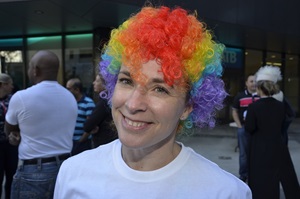 Woman with multicolored wig