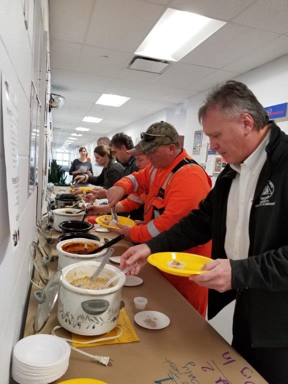 Employees at potluck lunch