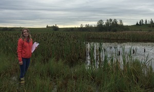 Woman beside cattails and marsh