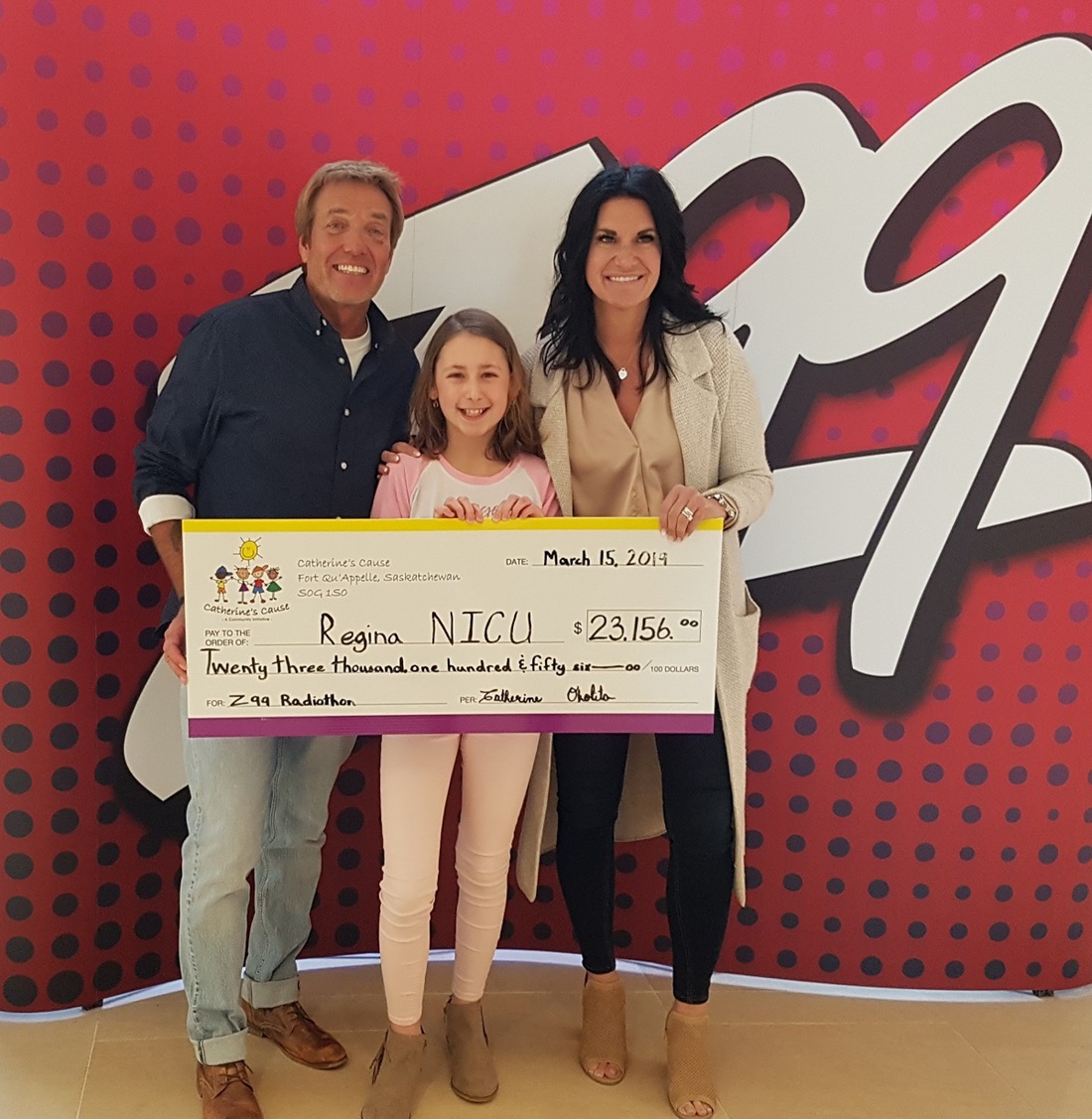 Girl and radio DJs in big check ceremony