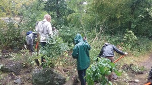 Kinds outdoors cleaning up branches and leaves