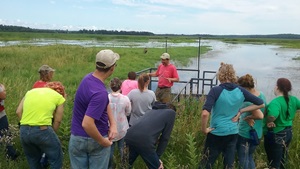 Campers on an observation deck in a marsh