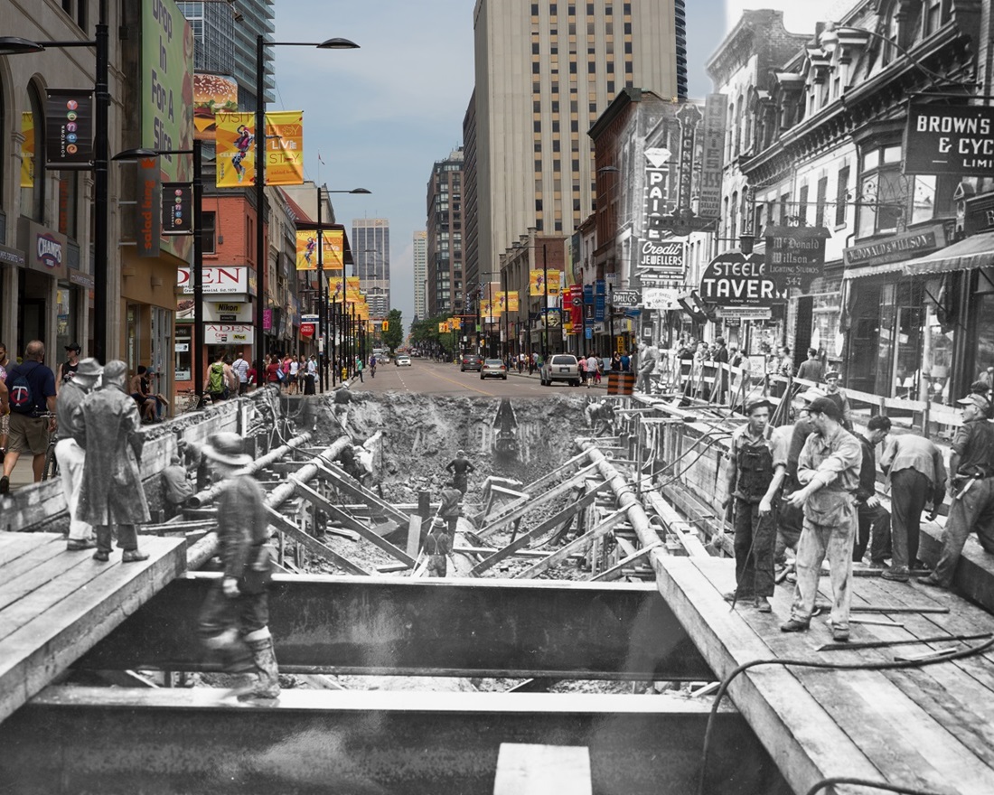 then and now image of Yonge Street in Toronto