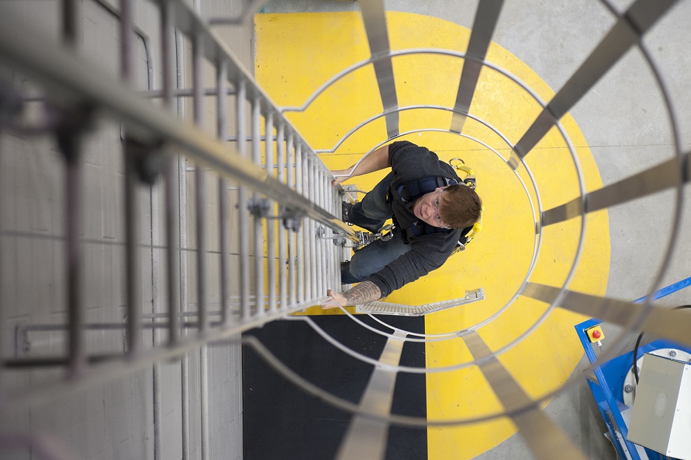 Student climbing ladder