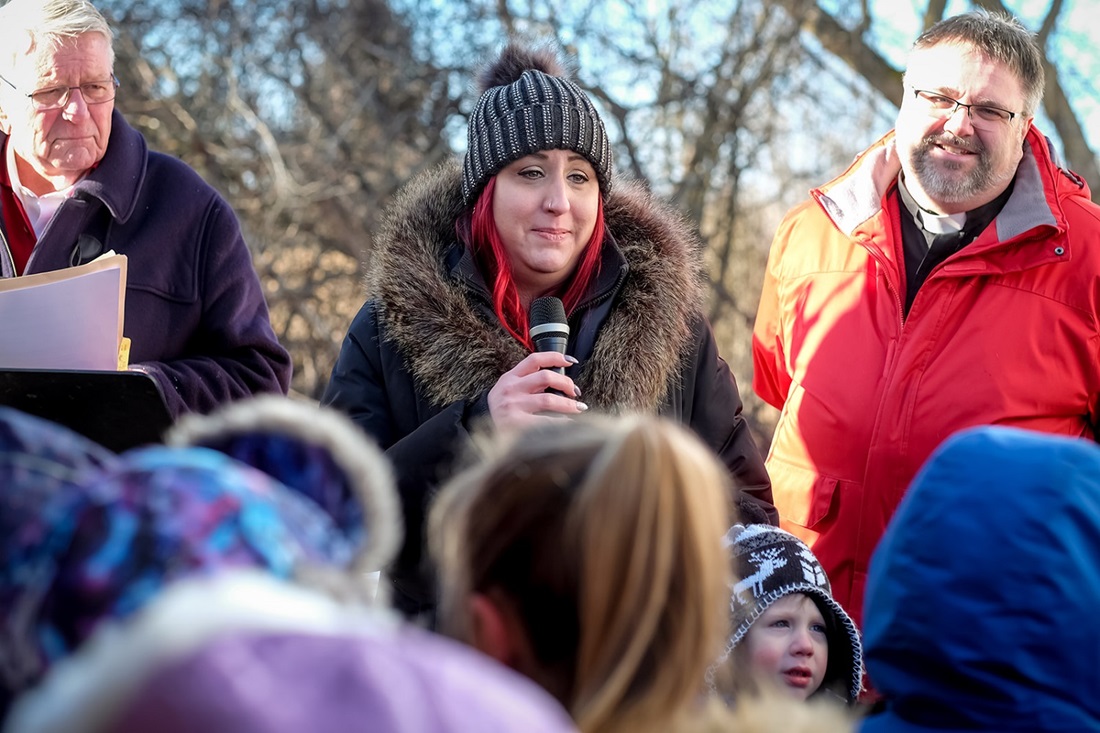 Woman making speech with microphone