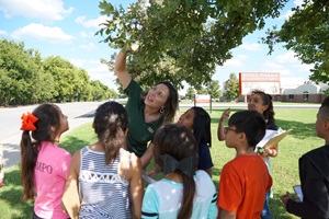 Woman making presentation on trees to kids