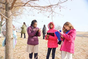 schoolkids looking at trees and making notes