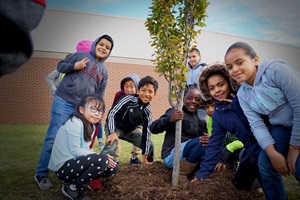schoolkids planting trees