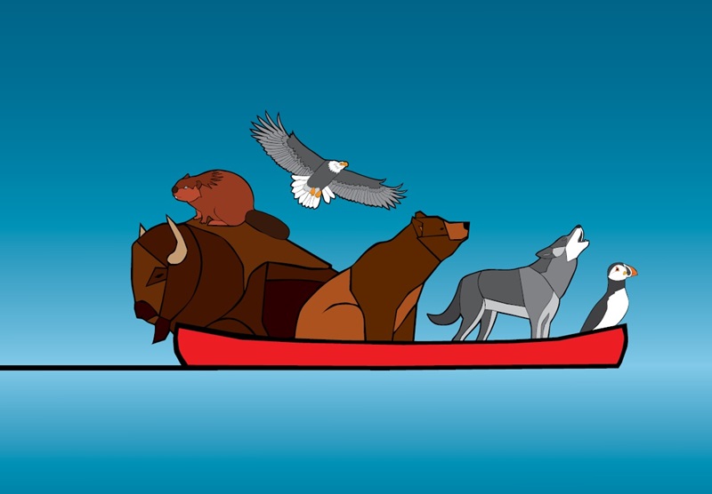 Animals in a canoe