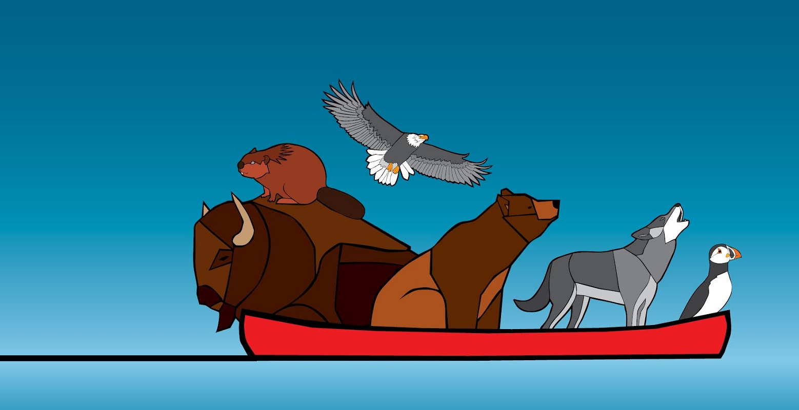 Illustration of animals in a canoe