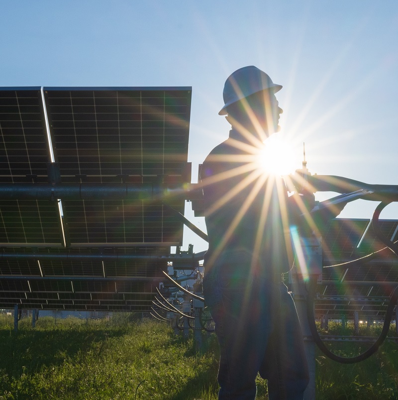 Worker silhouletted by the sun beside solar panels