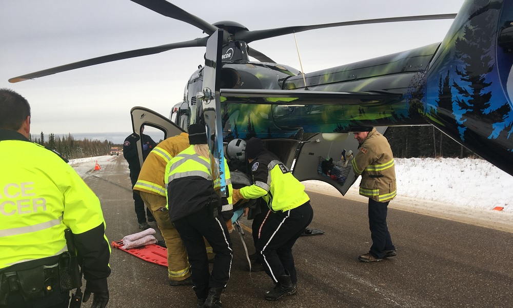 Air ambulance rescue scene on highway