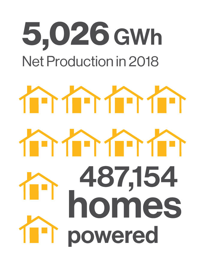 5026 GWh net production in 2018. 487154 homes powered