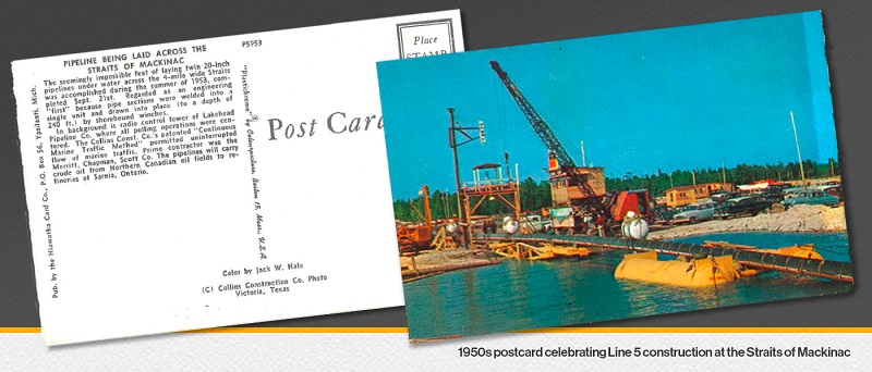 Postcard from 1950s on construction of Line 5 Straits of Mackinac crossing