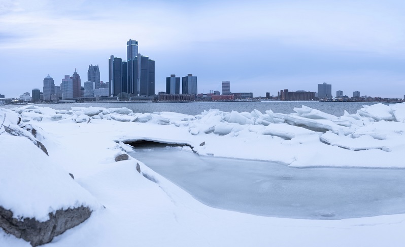 City skyline and river in winter