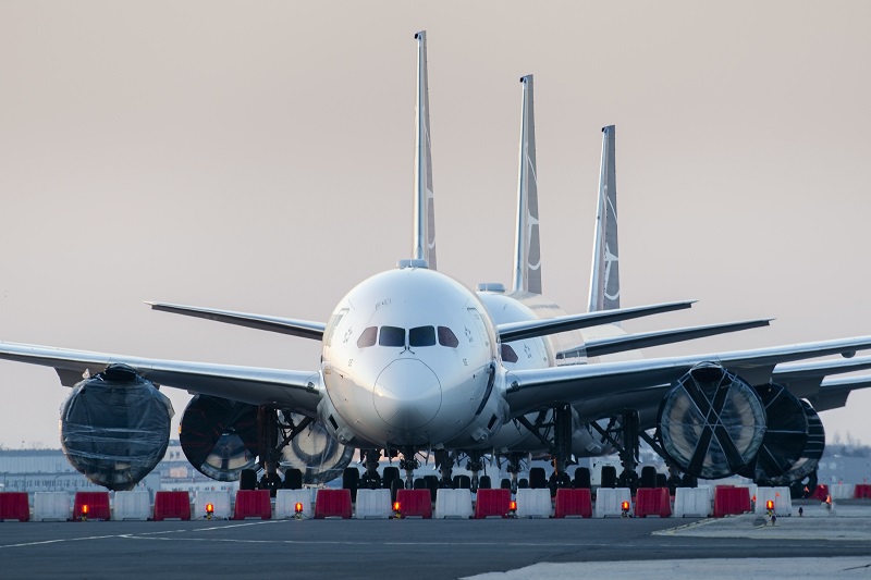 Airplanes in line on a runway