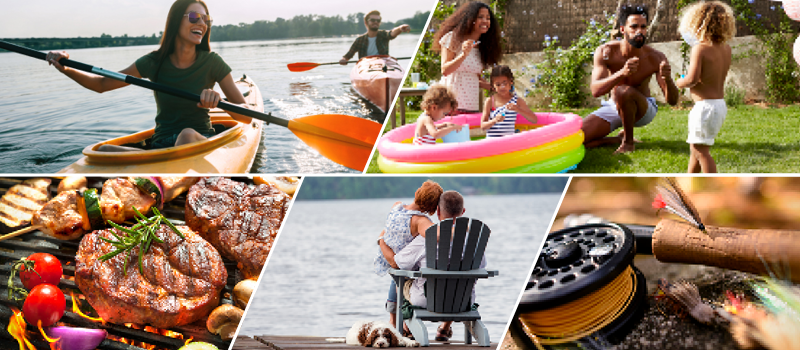People kayaking and playing in a backyard pool
