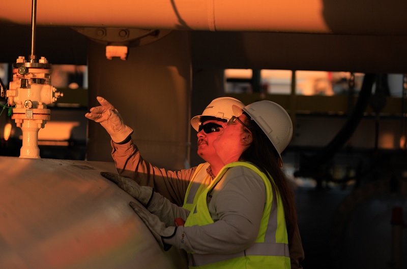 Male and female worker analyzing pipes