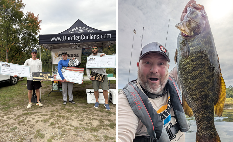 People with giant cheques and man with fish