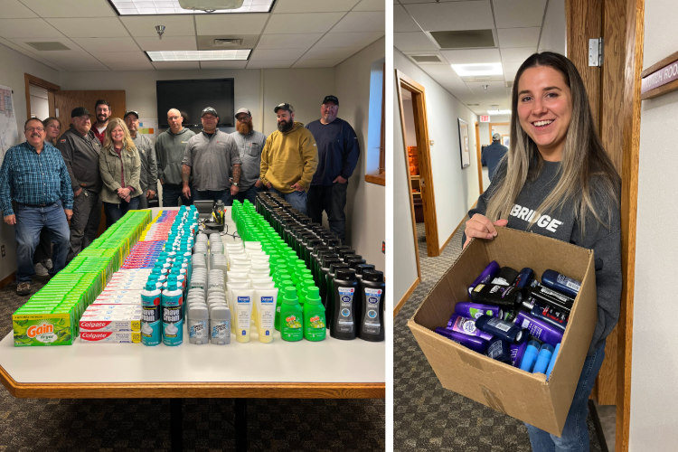 People in an office with a collection of hygiene products