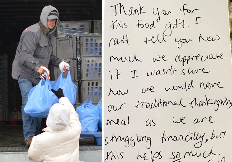 People unloading groceries from a truck