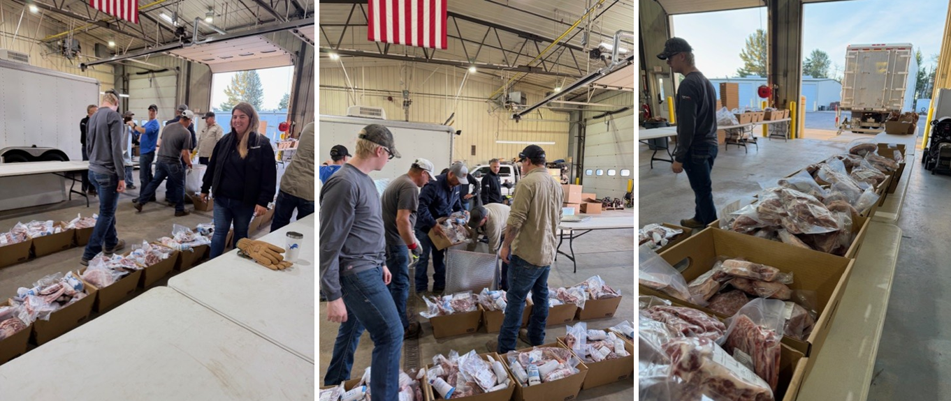 People at a warehouse with boxes of frozen meat