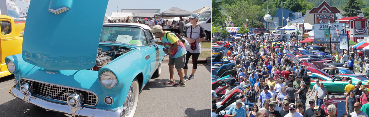Left: Man inspecting blue vintage car in parking lot surrounded by other vehicles, Right: Wide image of crowds surrounding various colorful vintage vehicles