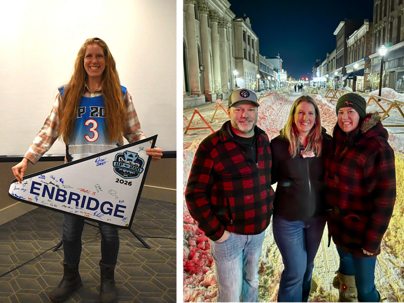 A musher wearing competitor number (left) and a group of people standing outdoors (right)