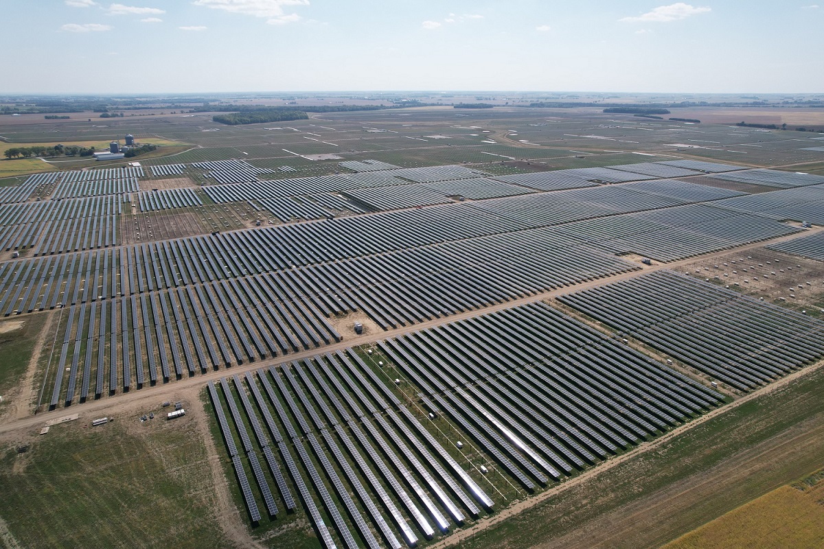 Rows of solar panels in a field