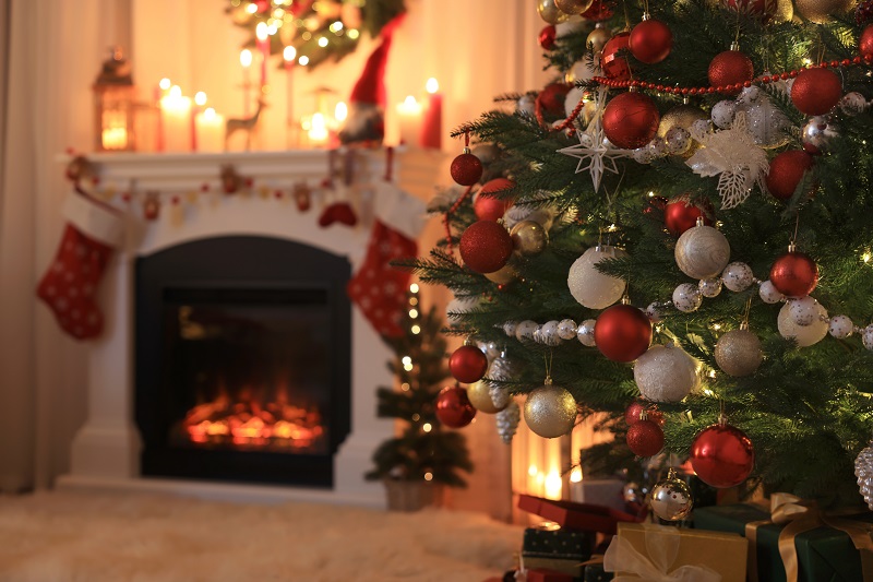Christmas tree and fireplace