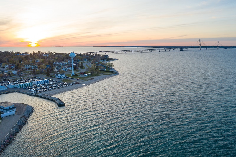 Aerial image of a coastal town at sunrise