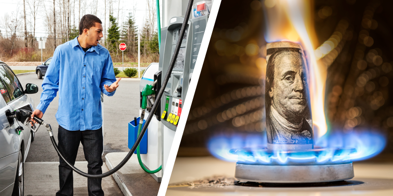 Man at the gas pump, and propane flame