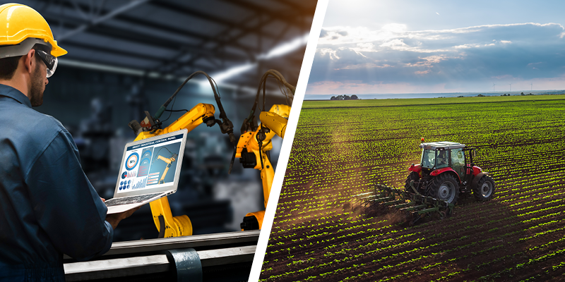 Manufacturing robots and tractor in a field
