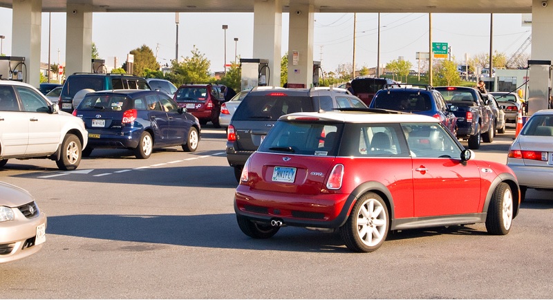 Lineup of cars at a gas station