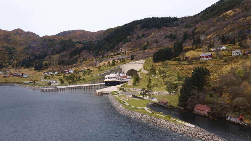 A ship entering a tunnel on the Norwegian coastline
