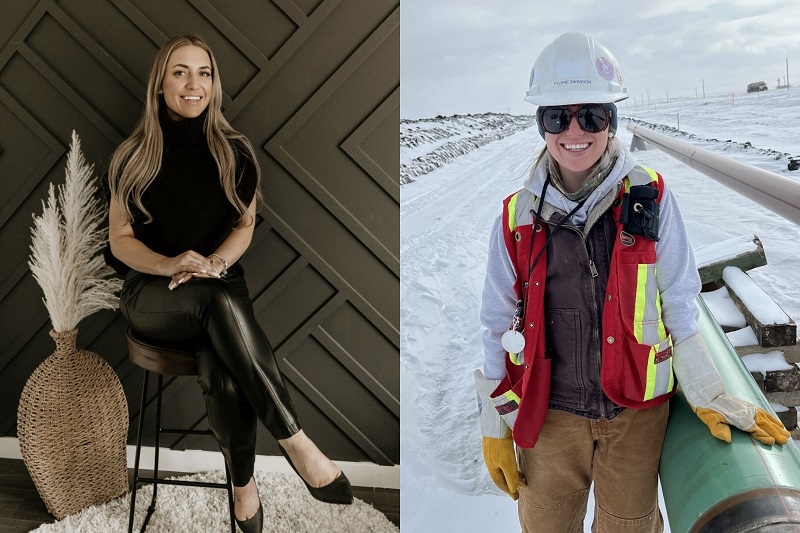 Young woman dressed up in good clothes, and pipeliner gear