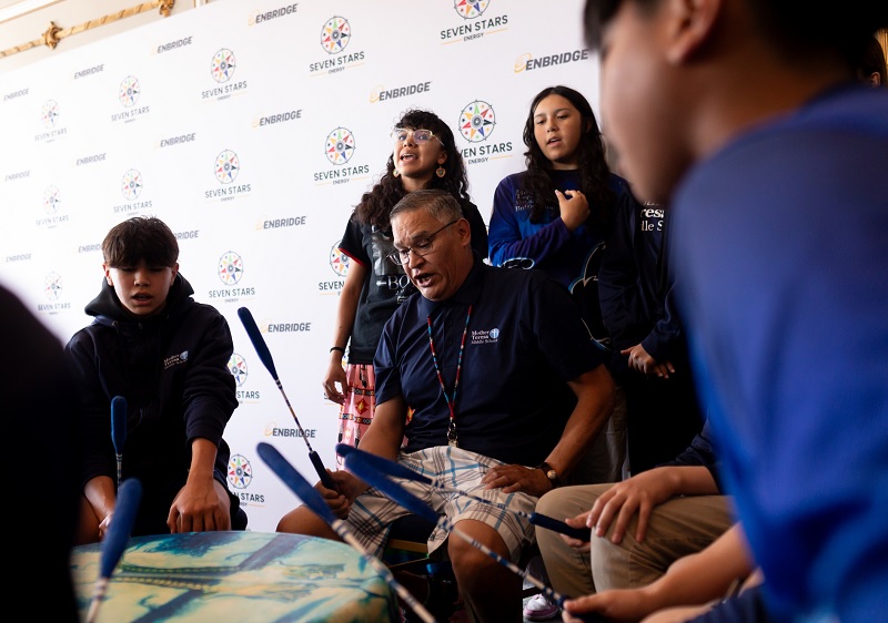 First Nations students performing a drum circle