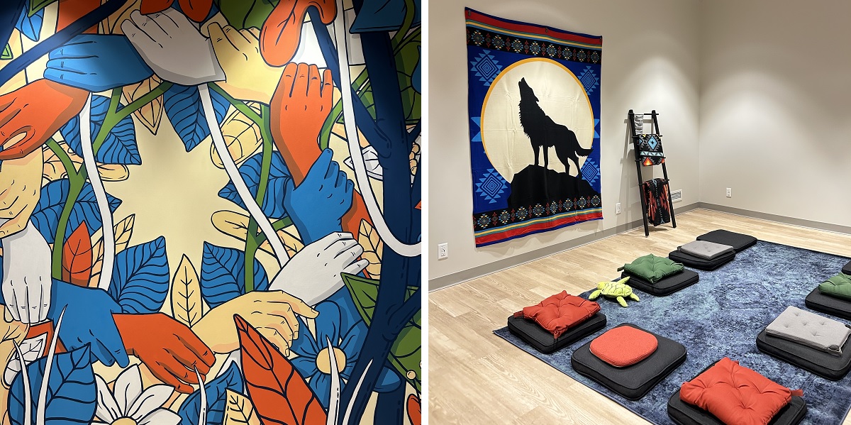 Mural and room with pillows for sitting