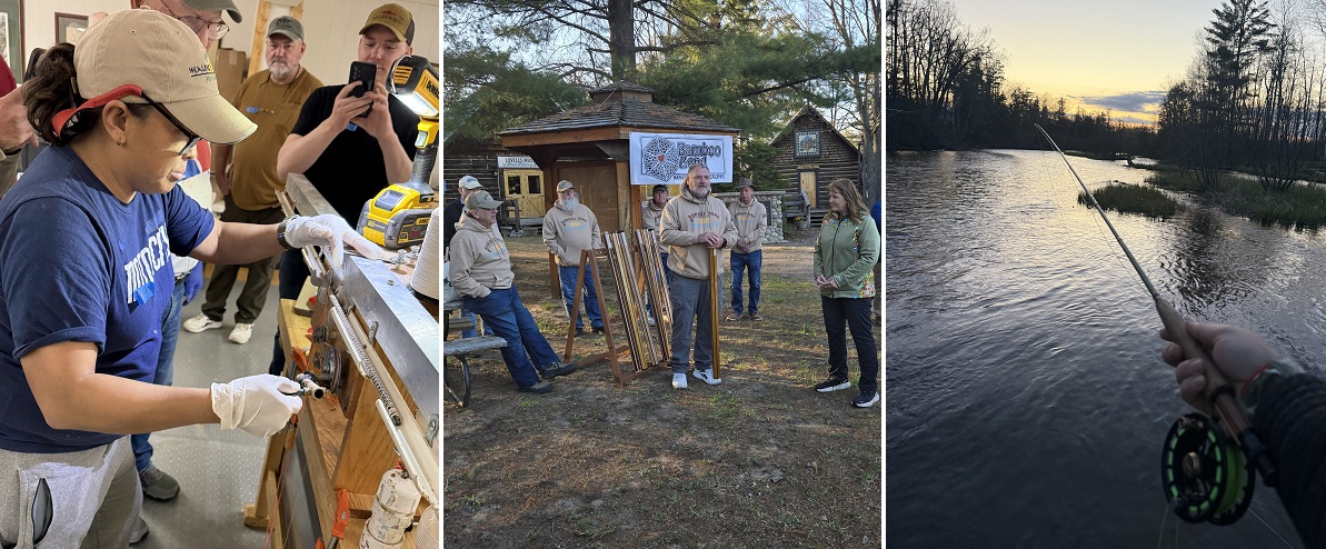 A collage with three images, two featuring groups of people and one showing a person fishing 