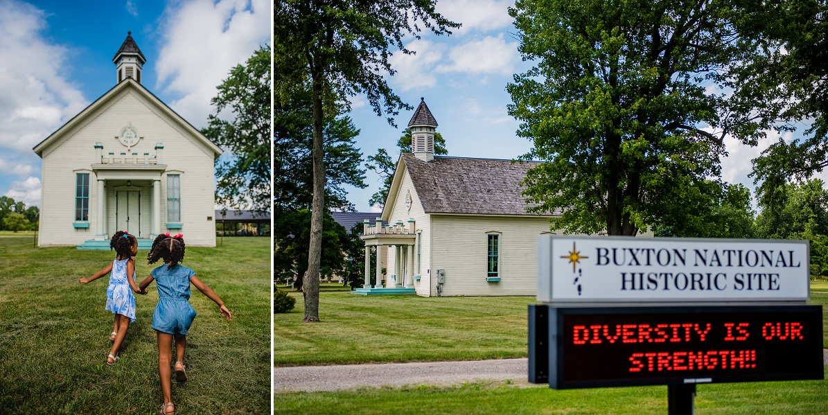 Girls running toward an historical church