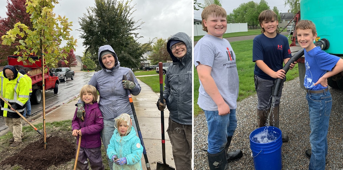 Adults and children planting trees