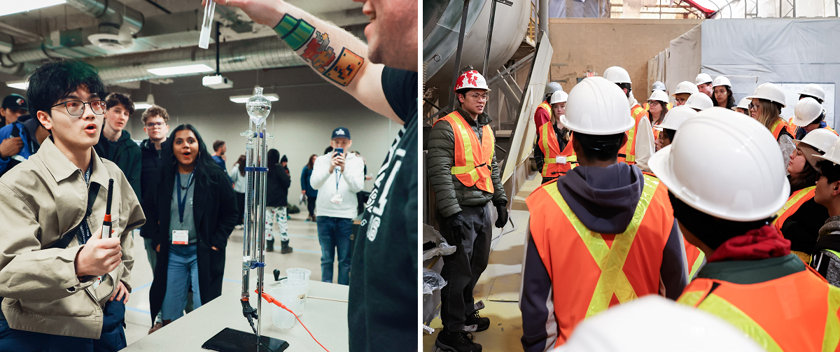 Students on a tour viewing lab equipment and wearing safety vests and hardhats