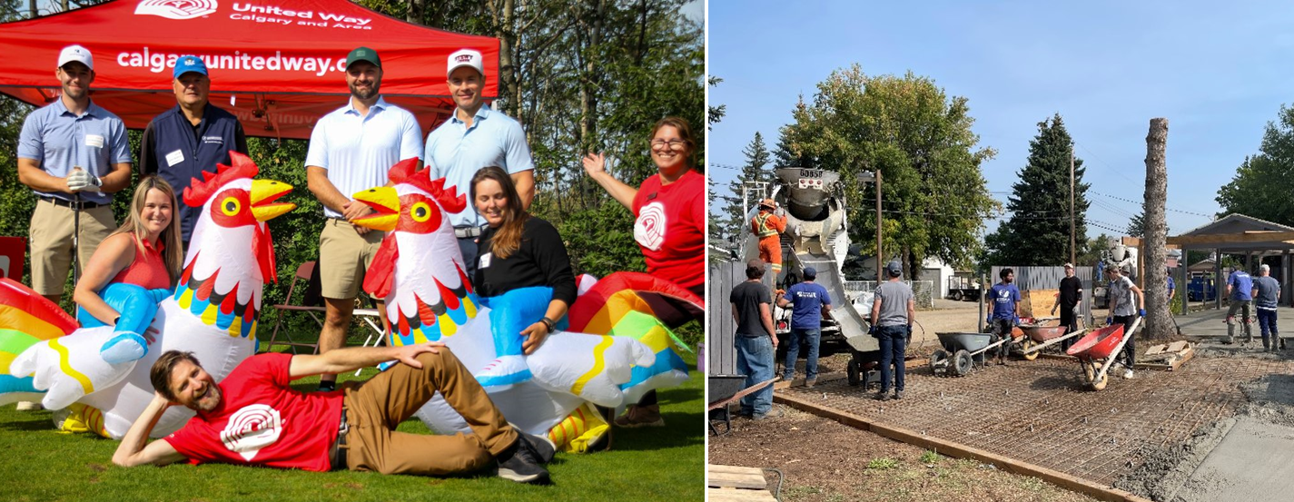 People with inflatable chickens