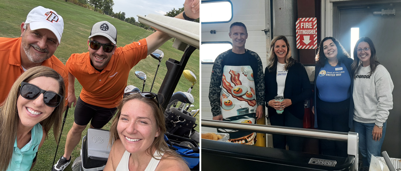 People in a golf cart, and a group of people in front of a barbecue