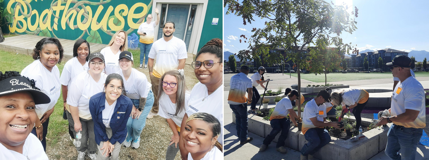 Group of people planting trees and at a boathouse